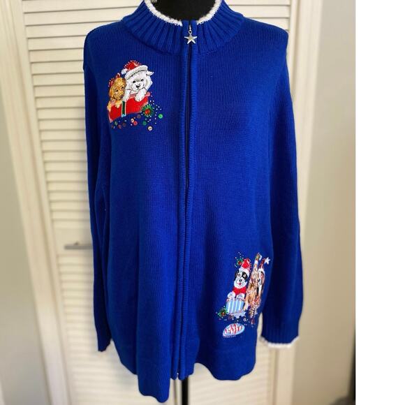 QUACKER FACTORY Blue Holiday 
 Pet Zip‎ Front Cardigan Sweater XL quirky cottage - Picture 1 of 7